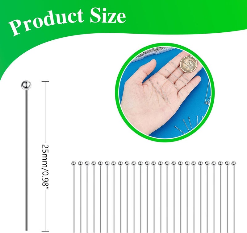 QIMAOO 200Pcs Ball Pins for Jewelry Making, Stainless Steel Jewelry Round Head Pins Length 0.98"/25MM Bead Headpins for DIY Craft Bead Earring Necklace - Image 2